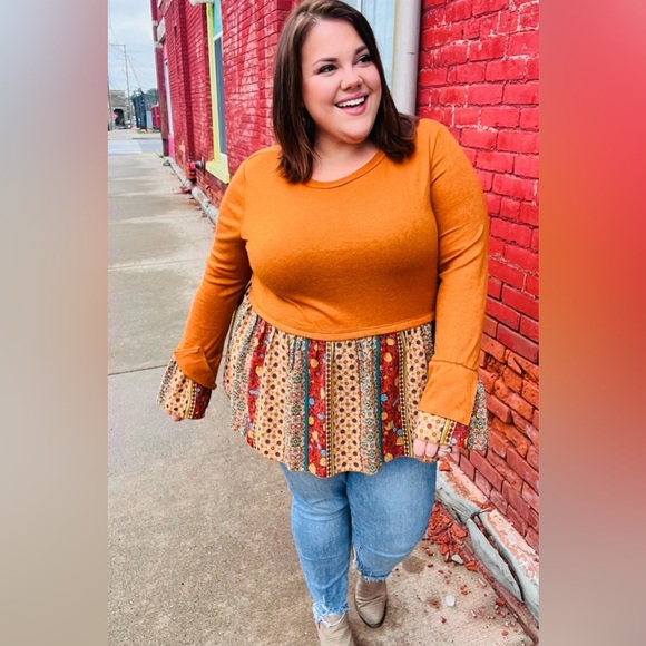 Autumn Days Rust Babydoll Paisley Bell Sleeve Top - Picture 1 of 12